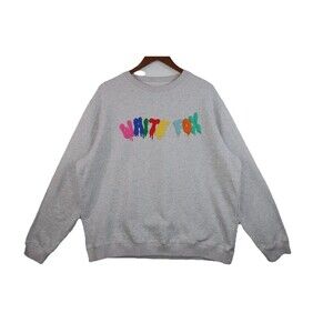 White Fox Boutique Sweatshirt Size L XL Unisex Graffiti Paint Logo Rainbow Gray